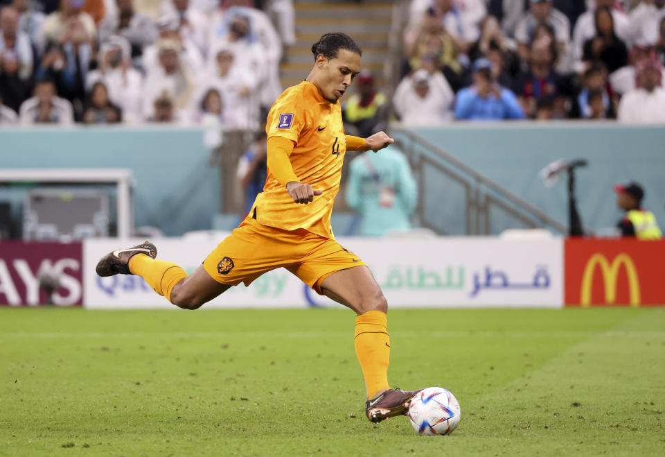 LUSAIL CITY, QATAR - DECEMBER 9: Virgil van Dijk of Netherlands misses his penalty kick during the penalty shootout of the FIFA World Cup Qatar 2022 quarter final match between Netherlands and Argentina at Lusail Stadium on December 09, 2022 in Lusail City, Qatar. (Photo by Jean Catuffe/Getty Images)