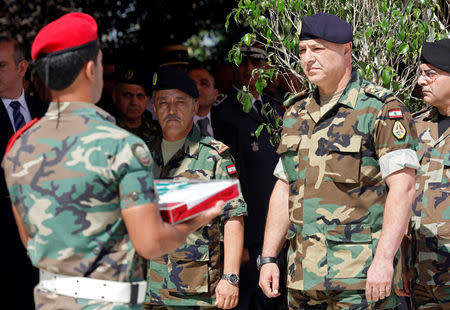 Army Commander General Joseph Aoun attends the offical funeral ceremony for the Lebanese soldiers who were killed in Islamic State captivity at the Ministry of Defense in Yarze village, east of Beirut, Lebanon September 8, 2017. REUTERS/Jamal Saidi