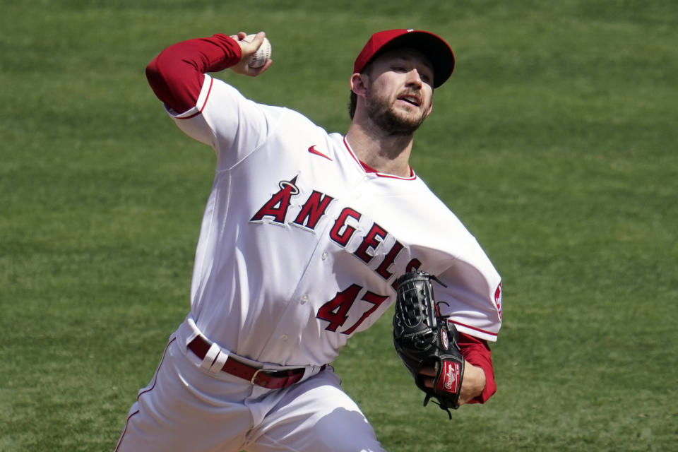 Los Angeles Angels starting pitcher Griffin Canning throws to the Arizona Diamondbacks during the first inning of a baseball game, Thursday, Sept. 17, 2020, in Anaheim, Calif. (AP Photo/Marcio Jose Sanchez)