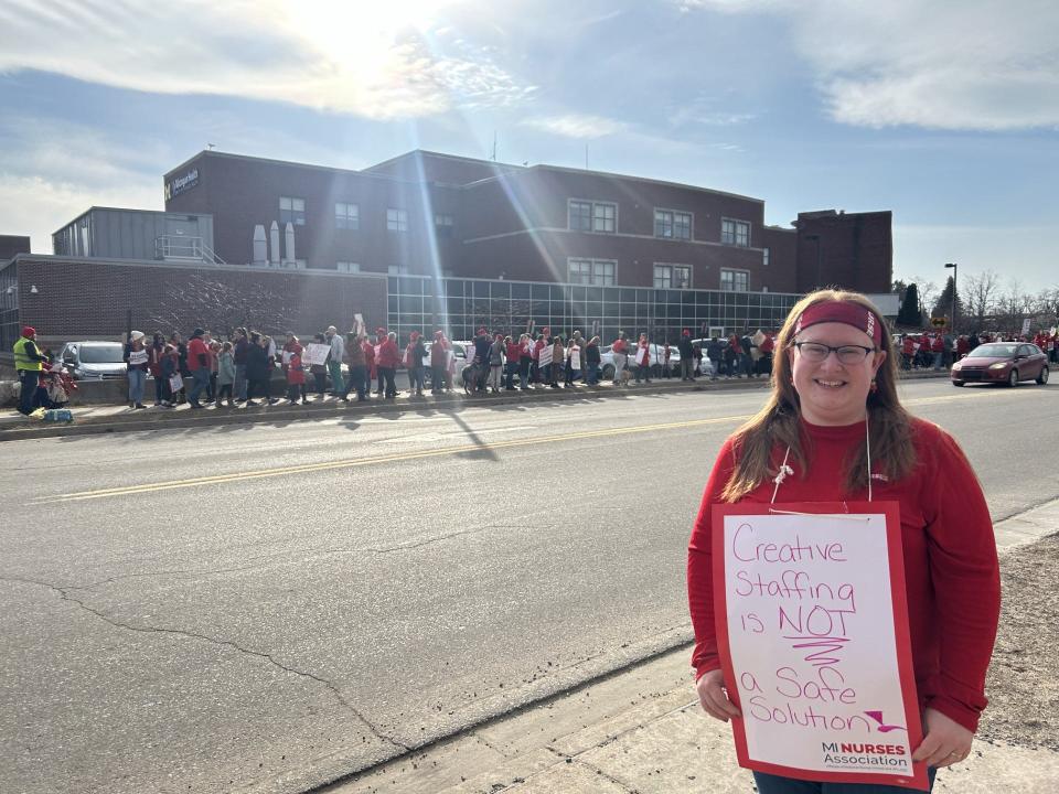 Brittany Barrett, a nurse of MyMichigan for seven years, takes part in a picket line on Tuesday, March 12, 2024 outside of the hospital in Sault Ste. Marie.