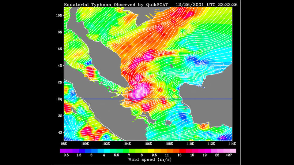 A heat map of wind speed showing a hot pink and red spot near the equator as Tropical Cyclone Vamei nears it.