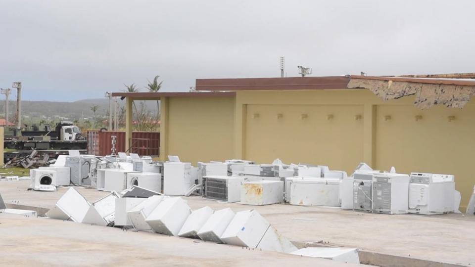 Damage to the appliance storage building on Andersen Air Force Base, Guam, was extensive. (Screen grab from video by Staff Sgt. Pedro Tenorio/Air Force)