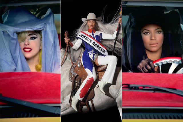 <p>Lady Gaga/YouTube; Parkwood Entertainment</p> Lady Gaga; Beyoncé's 'Cowboy Carter' album cover; Beyoncé in the 'Telephone' music video