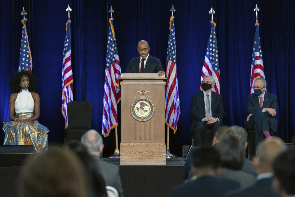 United States Attorney for the Southern District of New York Damian Williams speaks during a ceremony in New York, Friday, Nov. 19, 2021. (AP Photo/Jeenah Moon)