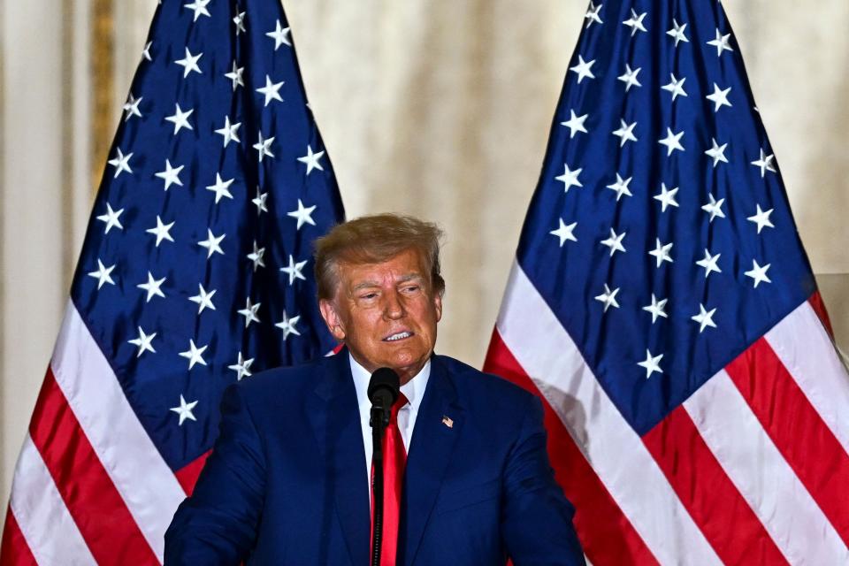 Former President Donald Trump, after his court appearance, speaks at a news conference on April 4, 2023, at his Mar-a-Lago estate in Palm Beach, Fla.