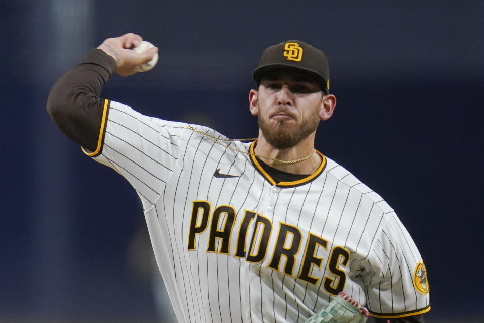 San Diego Padres starting pitcher Joe Musgrove works against a San Francisco Giants batter during the first inning of a baseball game Monday, Oct. 3, 2022, in San Diego. (AP Photo/Gregory Bull)