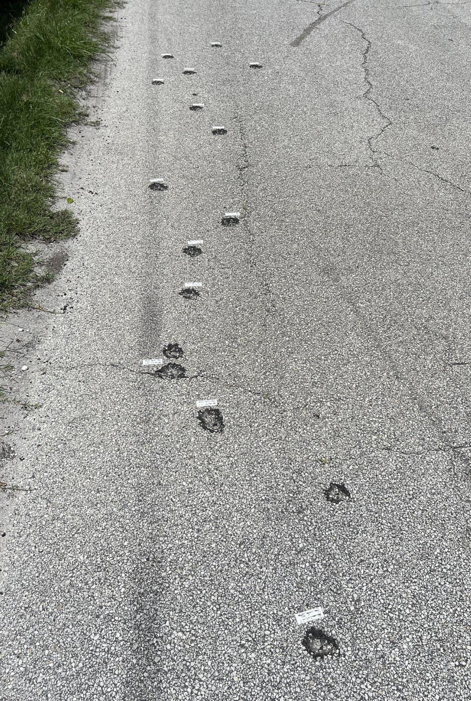 AK-47 bullet marks can be seen on Shaw Lake road in Pierson where a man said he fought back after suspects shot up his parents' home in a drive-by Sunday night.