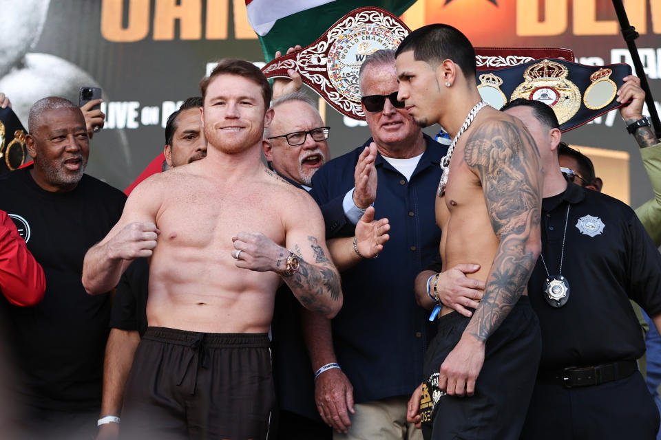 LAS VEGAS, NEVADA – SEPTEMBER 13: Boxers Saul Canelo Alvarez and Edgar Berlanga pose for a photo during the official weigh-in at T-Mobile Arena on September 13, 2024 in Las Vegas, Nevada. (Photo by Omar Vega/Getty Images)