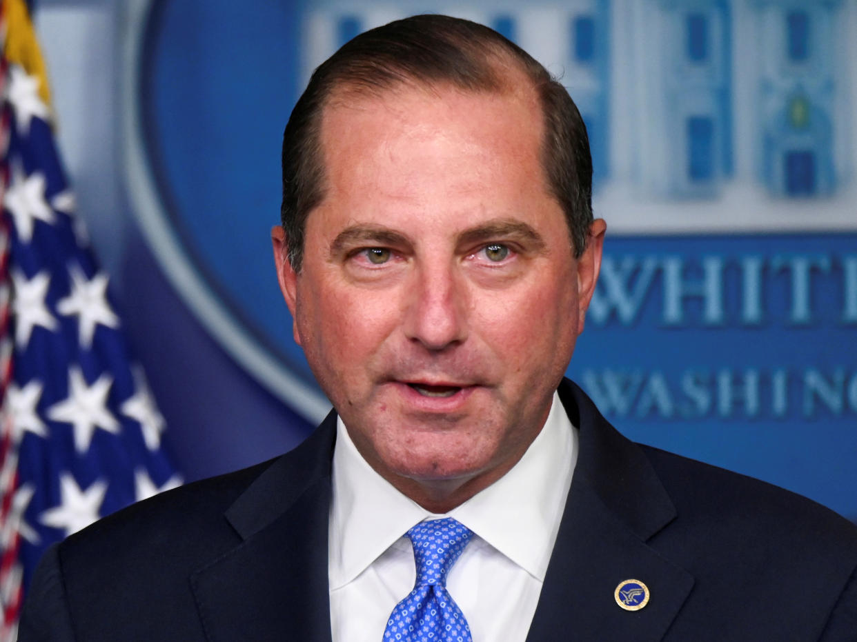 <p>US Health and Human Services (HHS) secretary Alex Azar speaks during a news conference in the Brady Press Briefing Room of the White House in Washington, DC, on 23 August 2020</p> ((Reuters))