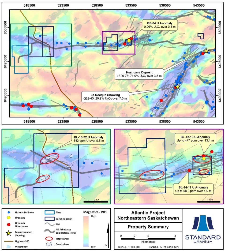 Summary of the Atlantic Project, highlighting geophysical target areas and historical uranium showings.