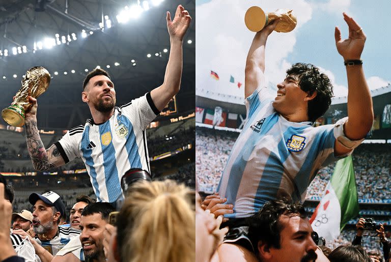 Hoy y ayer, dos leyendas: Lionel Messi, con la copa del mundo en lo más alto; Diego Maradona con el mismo trofeo, tras ganar el Mundial de México, el 29 de junio de 1986 en el estadio Azteca