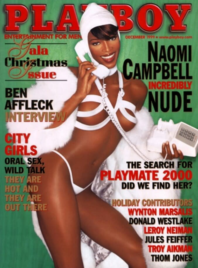 <p>The British supermodel stripped down for the 1999 Christmas <em>Playboy</em> issue. Posing in a controversial white fur coat, Campbell ended up in a 14-page nude spread in the mag. (Photo: Playboy) </p>