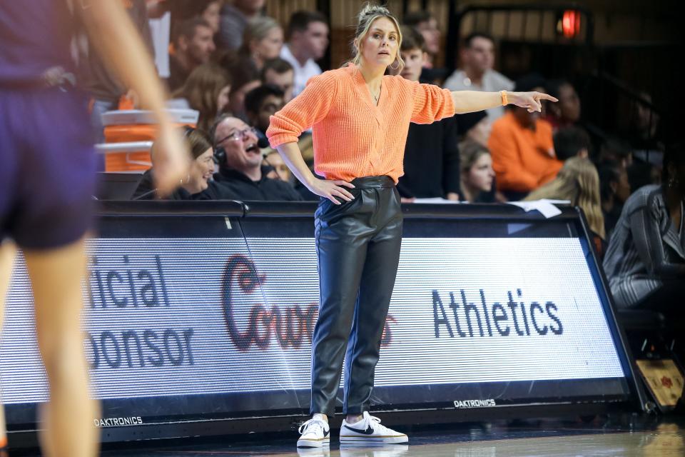 Oklahoma State head coach Jacie Hoyt stands on the sidelines in the first half during a women’s college basketball game between the Oklahoma State Cowgirls (OSU) and the Kansas State Wildcats at Gallagher-Iba Arena in Stillwater, Okla., Wednesday, Jan. 25, 2023.