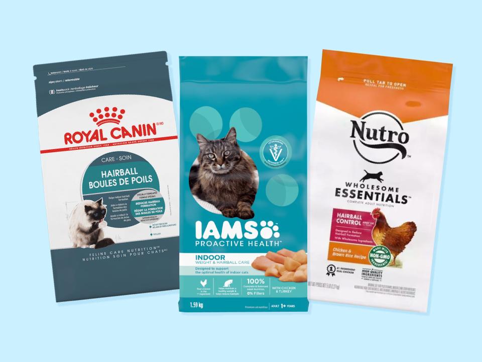 Three of the best dry cat food for hairballs from Iams, Royal Canin, and Nutro against a blue background.
