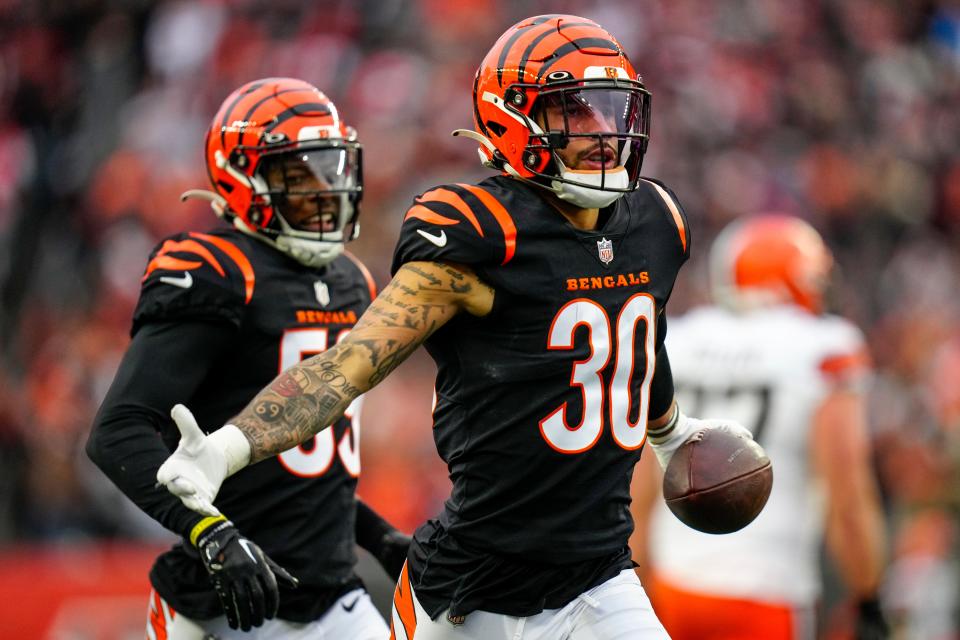 Cincinnati Bengals safety Jessie Bates III (30) celebrates after intercepting a pass from Cleveland Browns quarterback Deshaun Watson (4) in the fourth quarter of the NFL Week 14 game between the Cincinnati Bengals and the Cleveland Browns at Paycor Stadium in Cincinnati on Sunday, Dec. 11, 2022. The Bengals improved to 9-4 with a 23-10 win over the Browns.