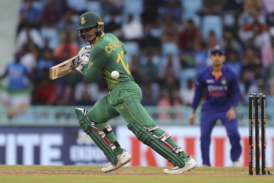 South Africa's Quinton de Kock plays a shot during the first one day international cricket match between India and South Africa, in Lucknow, India, Thursday, Oct. 6, 2022. (AP Photo/Surjeet Yadav)