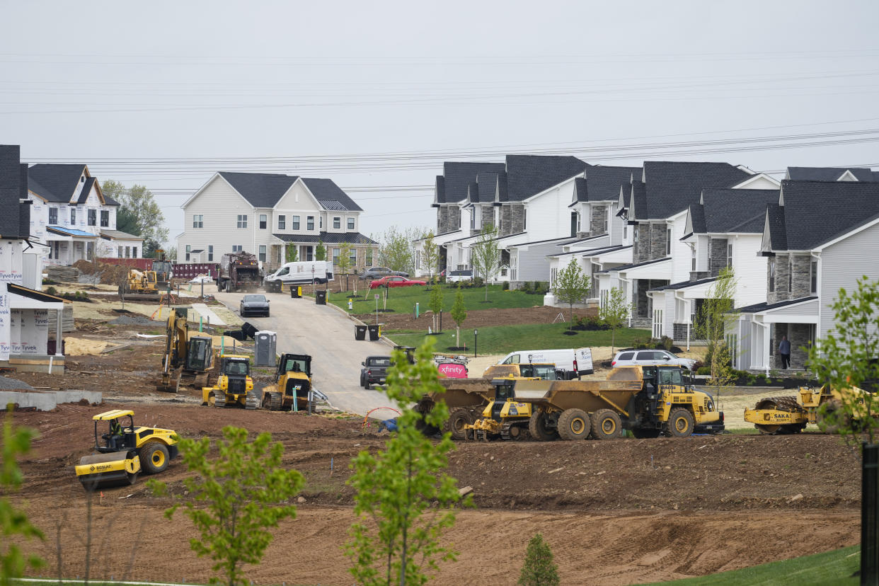 FILE - A residential development under construction in Eagleville, Pa., on April 28, 2023. Homebuyers should get used to painfully high mortgage rates, despite a signal from the Federal Reserve Wednesday May 4, that it could finally pause its yearlong campaign of rate hikes. (AP Photo/Matt Rourke, File)