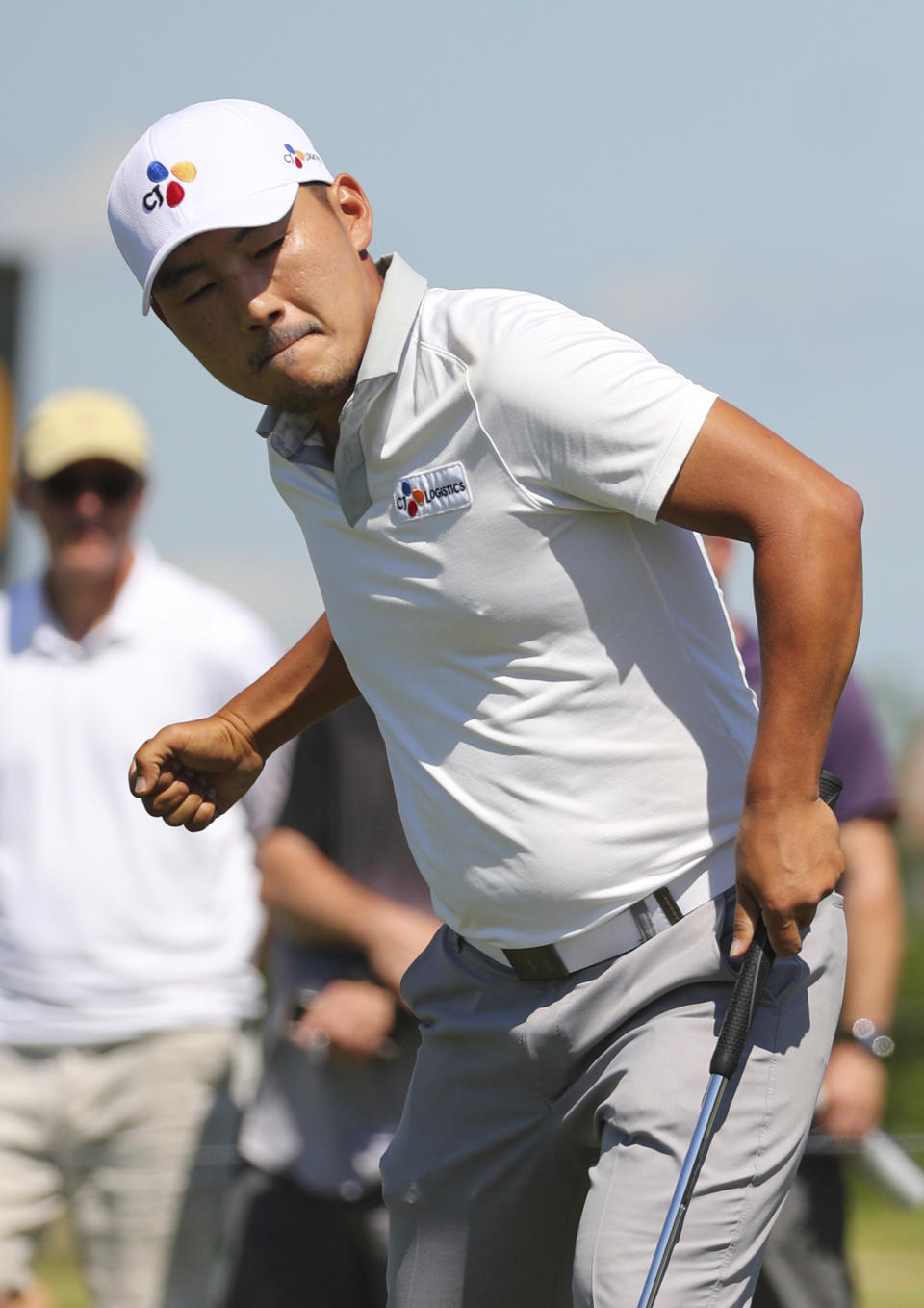 Sung Kang pumps his fist after a birdie putt on the 10th hole in the final round of the Byron Nelson golf tournament on Sunday, May 12, 2019, in Dallas. (AP Photo/Richard W. Rodriguez)