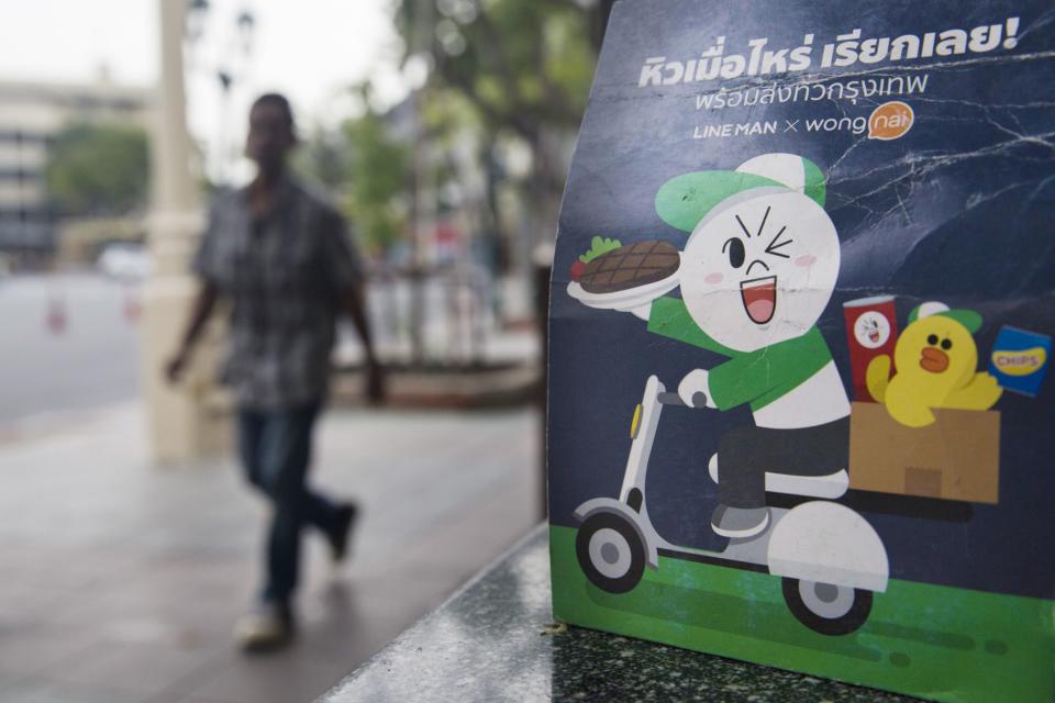 An advertisement for the Line Man application, operated by Line Corp., is displayed in Bangkok, Thailand, on Friday, March 9, 2018.  (Brent Lewin/Bloomberg)