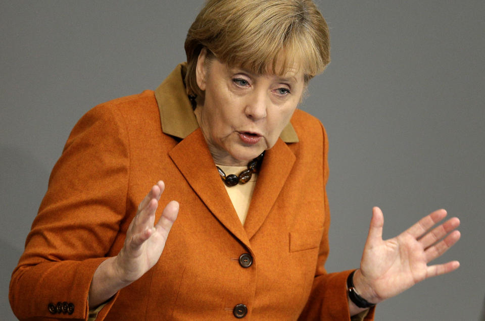 German Chancellor Angela Merkel speaks during a meeting of the German Federal Parliament, Bundestag, in Berlin, Germany, Thursday, Oct. 18, 2012. (AP Photo/Michael Sohn)