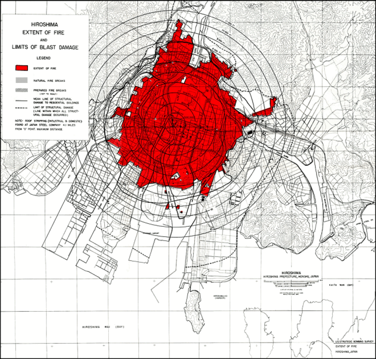 <span class="caption">Hiroshima blast and fire damage, US Strategic Bombing Survey map.</span> <span class="attribution"><span class="source">Wikicommons.</span></span>
