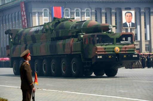 A North Korean Taepodong class missile is displayed during a military parade to mark 100 years since the birth of the country's founder Kim Il-Sung in Pyongyang on April 15. North Korea has accused the US of building up military forces in the region and vowed to strengthen its own defences "in every way"