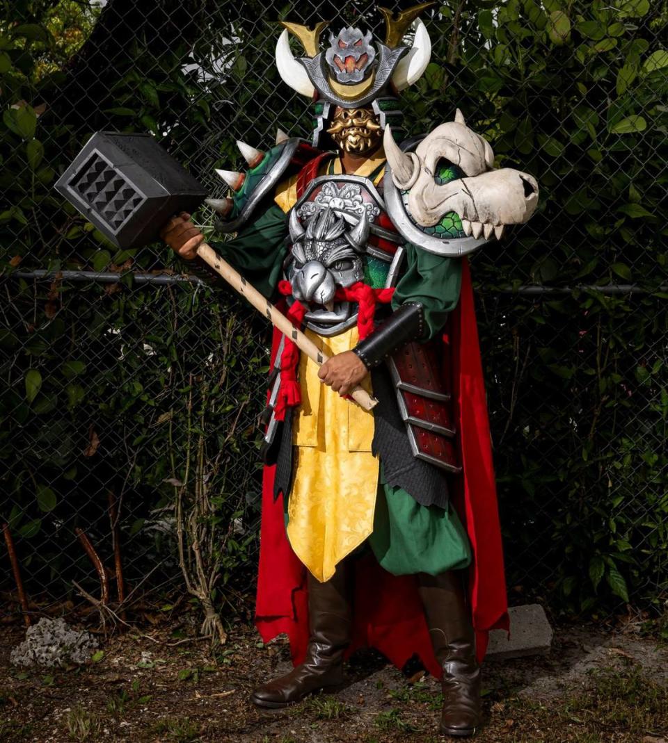 Cosplayer Matthew Harden in Shao Kahn Bowser costume before he finished the handle of the character’s hammer. He’ll be appearing at this year’s Florida Supercon in Miami Beach.