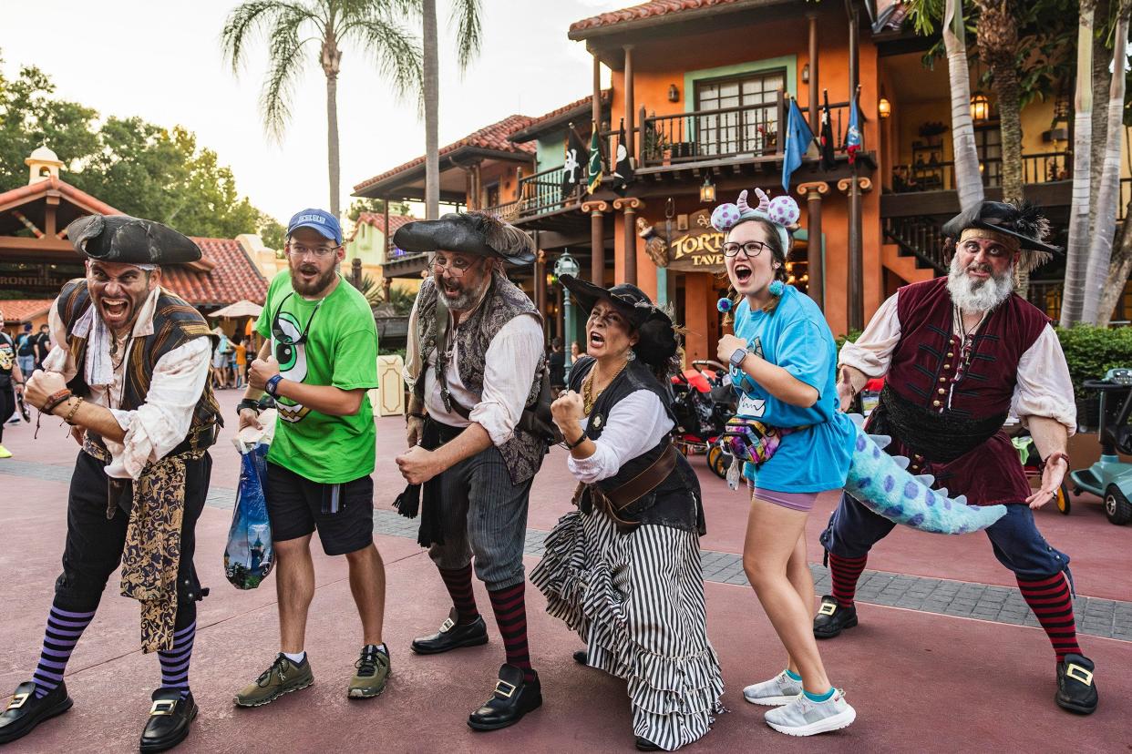 While there are no live pirates inside Pirates of the Caribbean this year, guests can interact with pirates outside the attraction.