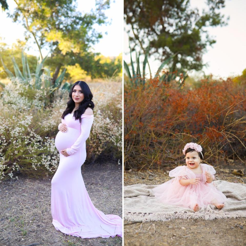 Yesenia Aguilar in her maternity shoot (left) and her daughter Adalyn recreating the shoot (right) (Grisel Leyva)