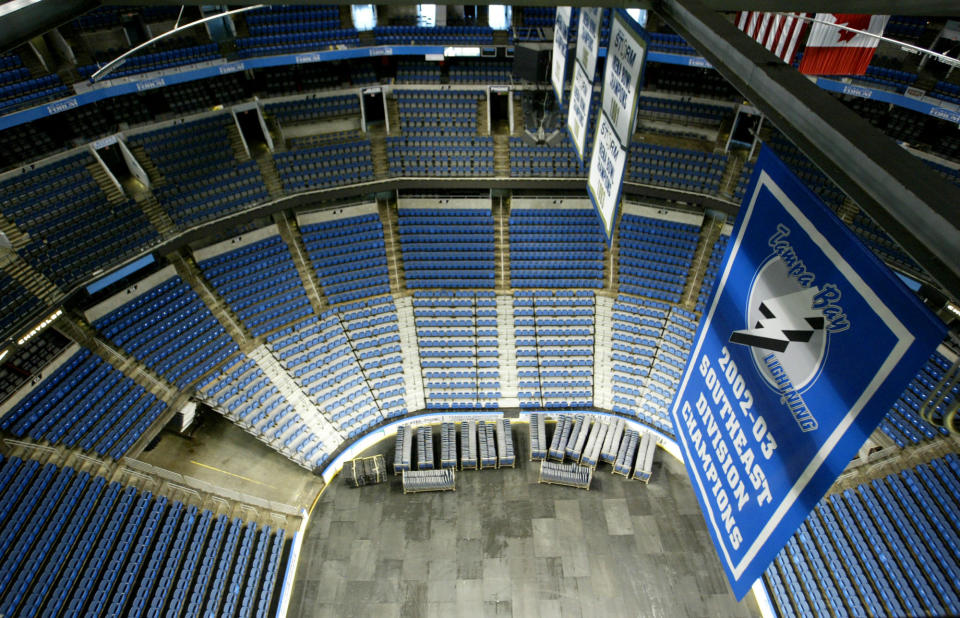 FILE - In this Feb. 16, 2005, file photo, The St. Pete Times Forum, the home of Tampa Bay Lightning in Tampa, Fla. The 660,000-square-foot St. Pete Times Forum with be the site of the Republican 2012 presidential convention. The site of the Republican National Convention Aug. 27-30 is situated at the west end of the Interstate 4 corridor, home to the largest concentration of swing voters in the largest swing state. (AP Photo/Scott Audette)