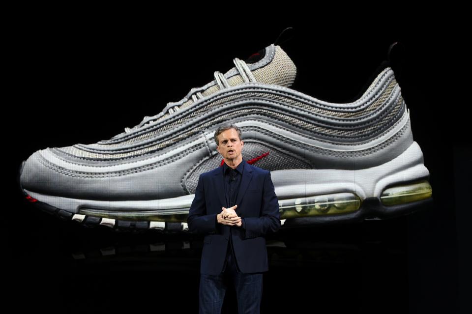 Nike president and CEO Mark Parker reveals their latest innovative sports products during an event in New York on March 16, 2016.  Nike revealed a series of products highlighted by the groundbreaking adaptive lacing platform, as well as a pioneering technology that separates mud from cleats and transformations in the celebrated innovations of Nike Air and Nike Flyknit.  / AFP / Jewel SAMAD        (Photo credit should read JEWEL SAMAD/AFP/Getty Images)