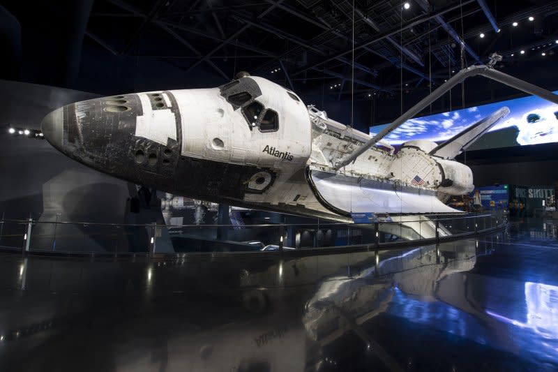 Space Shuttle Atlantis "flies" in its new home at the Kennedy Space Center Visitor Complex at the Kennedy Space Center, Fla., on September 3, 2013. On February 9, 2008, Atlantis delivered a $2 billion European-made science lab to the International Space Station, doubling its zero-gravity research capacity. File Photo by Joe Marino-Bill Cantrell/UPI