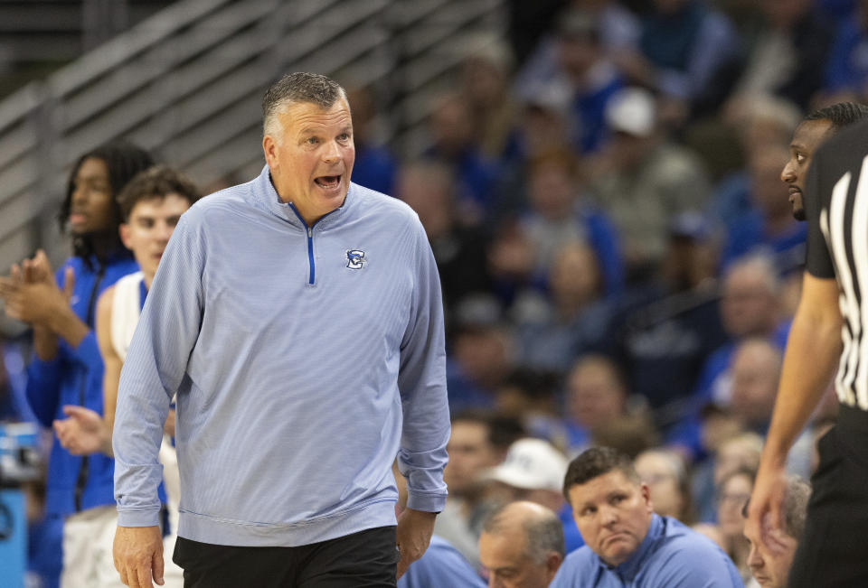 Creighton head coach Greg McDermott yells to the referee following a foul called against Florida A&M during the first half of an NCAA college basketball game on Tuesday, Nov. 7, 2023, in Omaha, Neb. (AP Photo/Rebecca S. Gratz)