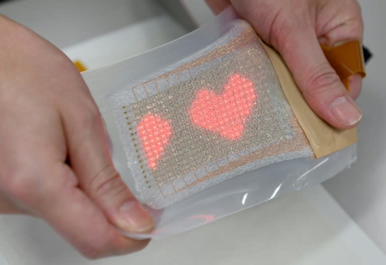 A man holds an ultra-thin elastic display equipped with a light emitting diode, newly developed by Professor Takao Someya of Tokyo University