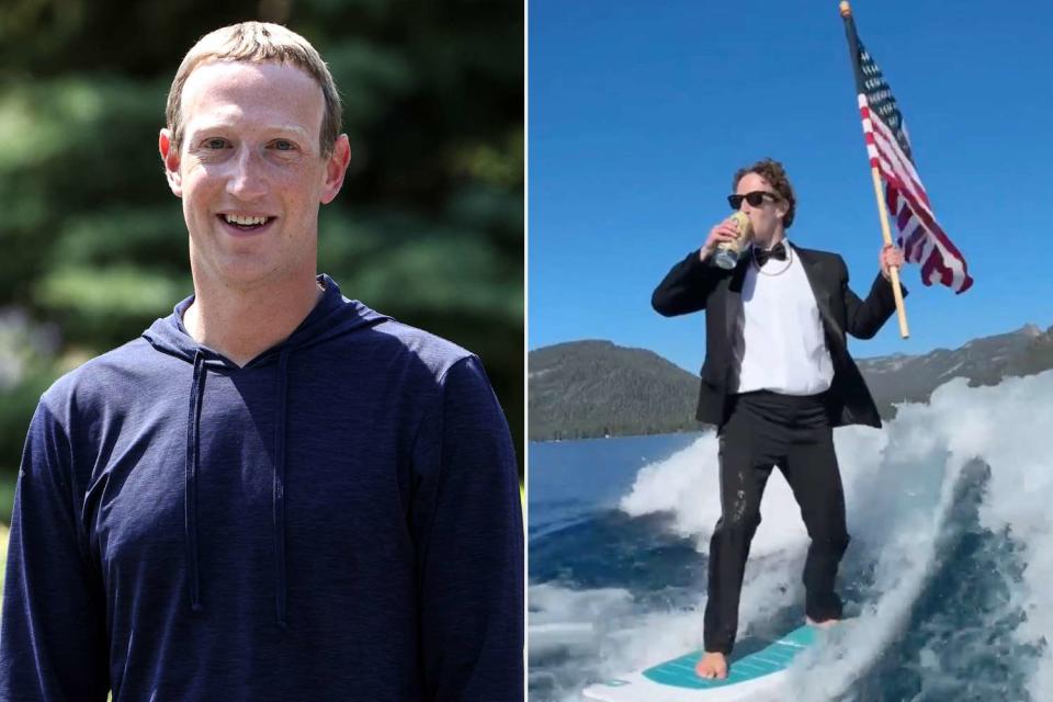 <p>Kevin Dietsch/Getty; Mark Zuckerberg/instagram</p> Mark Zuckerberg goes surfing with U.S. flag on Fourth of July