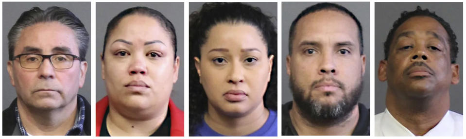 This combo of photos provided by the Connecticut State Police, shows, from left, New Haven, Conn. Police officers, Oscar Diaz, Betsy Segui, Jocelyn Lavandier, Luis Rivera and Ronald Pressley. New Haven Police Chief Karl Jacobson's recommended Tuesday, March 21, 2023, that officers Diaz, Segui, Lavandier and Rivera be fired for mistreating Richard "Randy" Cox, a Black man, including mocking him after he was partially paralyzed in the back of a police van last year. A fifth officer, Ronald Pressley, who retired in January, is charged with the same crimes so he cannot be disciplined. (Connecticut State Police via AP)