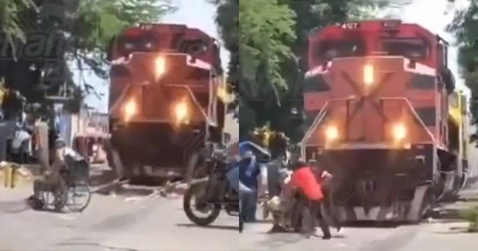 Hombre en silla de ruedas quiso ganarle al tren y casi lo arrolla. Foto: Captura de video Facebook vía NOTI zmg