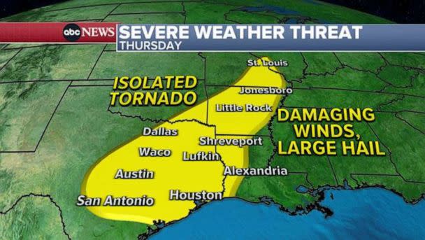 PHOTO: Isolated tornadoes are possible in the South, including eastern Texas, on Thursday. (ABC News)