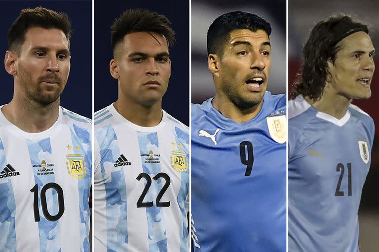 Lionel Messi, Lautaro Martínez, Luis Suárez y Edinson Cavani, los delanteros de un clásico rioplatense con mucho en juego