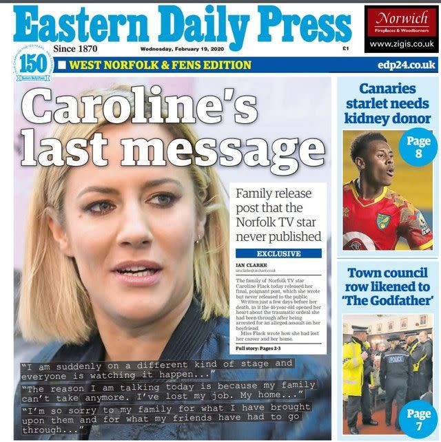 Caroline Flack's family shared the message with a local newspaper (PA)