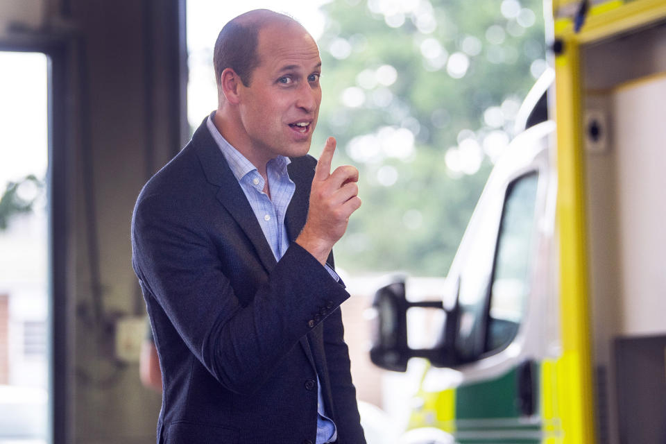 <p>Prince William meets paramedic staff from the East of England Ambulance Service Trust during a visit to King's Lynn, England, on Tuesday, to thank workers for their efforts during the COVID-19 pandemic.</p>