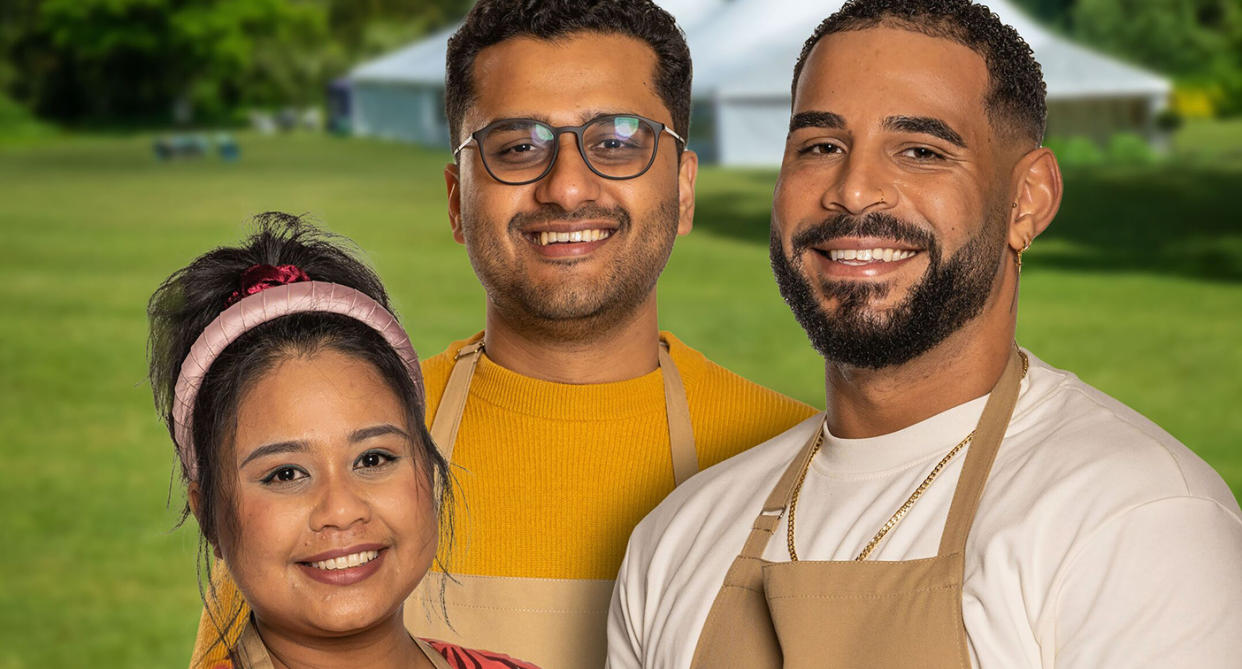 The Great British Bake Off 2022 finalists Syabira, Abdul and Sandro. (Channel 4)