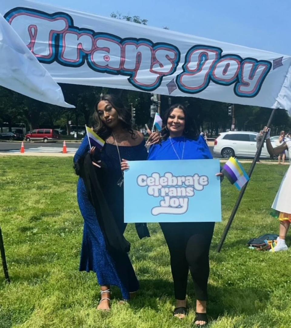 L.B., a transgender graduate of Harrison Central High School in Gulfport, Mississippi, attends trans joy prom in Washington D.C. with her mother, Samantha Brown, days after a federal judge ruled that the Harrison County School District could forbid the student from wearing a dress to high school graduation.