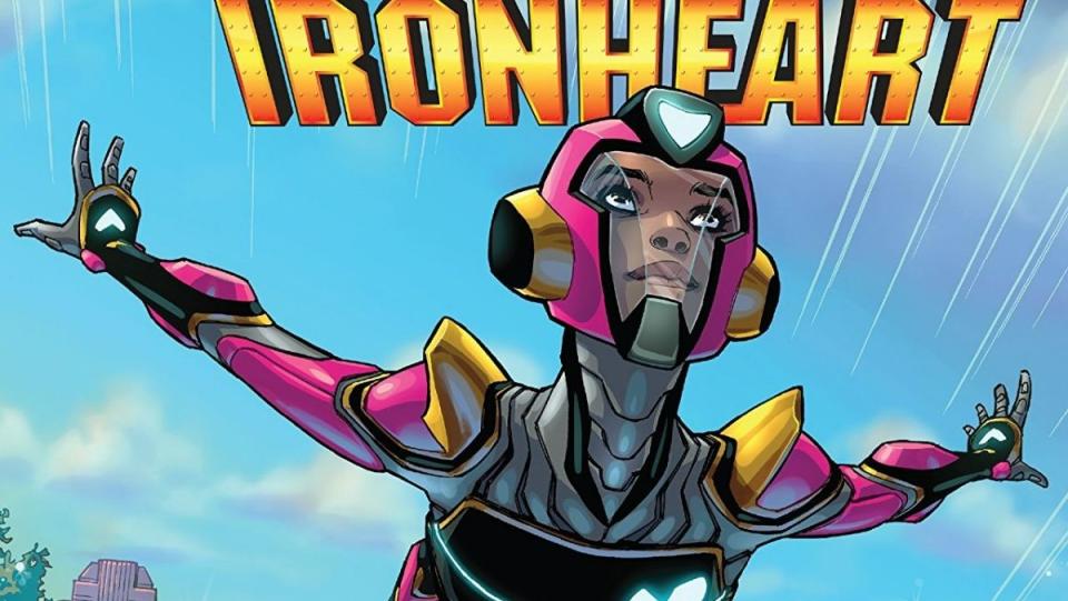 ironheart on cover one with suit floating through the air