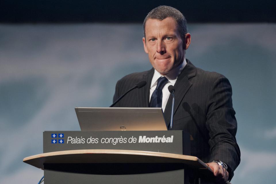 Lance Armstrong speaks to delegates at the World Cancer Congress in Montreal Wednesday, Aug. 29, 2012.