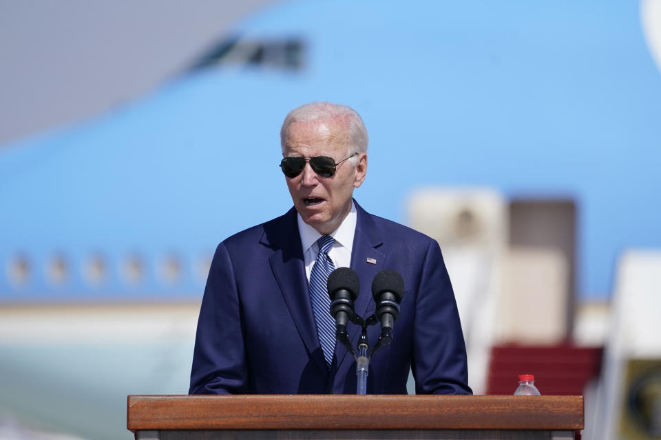 President Joe Biden speaks during an arrival ceremony after arriving at Ben Gurion Airport, Wednesday, July 13, 2022, in Tel Aviv. (AP Photo/Evan Vucci)