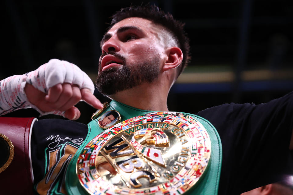 ARLINGTON, TEXAS - JULY 27:  Jose Ramirez celebrates his TKO against Maurice Hooker during their WBO & WBC Junior Welterweight World Championship fight at College Park Center on July 27, 2019 in Arlington, Texas. (Photo by Ronald Martinez/Getty Images)