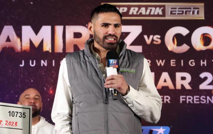 Junior welterweight boxer José Ramírez speks during March 23, 2023 press conference at Fresno State. He will face Richard Commey in a 12-round bout on March 25 at the Save Mart Center.