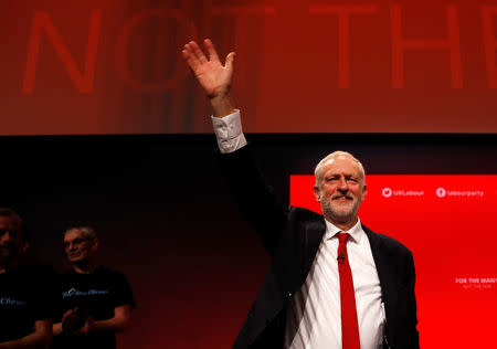 Britain's opposition Labour Party Leader Jeremy Corbyn waves after delivering his keynote speech at the Labour Party Conference in Brighton, Britain, September 27, 2017. REUTERS/Peter Nicholls