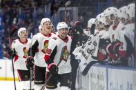 Nov 10, 2018; Tampa, FL, USA; Ottawa Senators center Colin White (36) celebrates his goal during the third period against the Tampa Bay Lightning at Amalie Arena. Douglas DeFelice-USA TODAY Sports